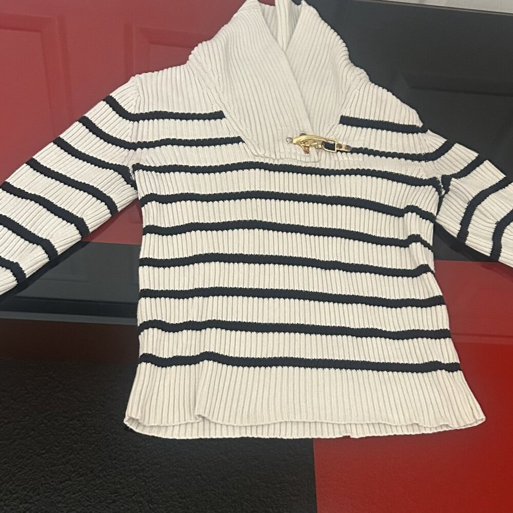 Ralph Lauren Cream and Black Striped Shawl Collar Sweater - Picture 3 of 5